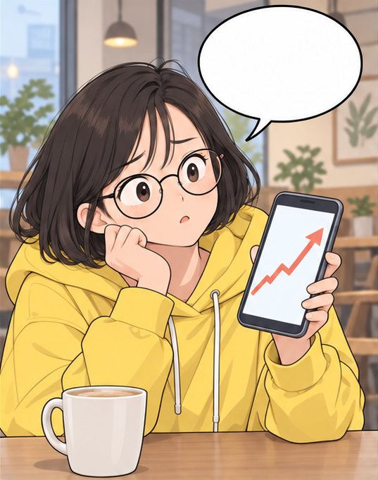1컷. 카페에서 디딤이가 오르는 그래프가 뜬 휴대폰을 보며 고개를 갸웃한다.