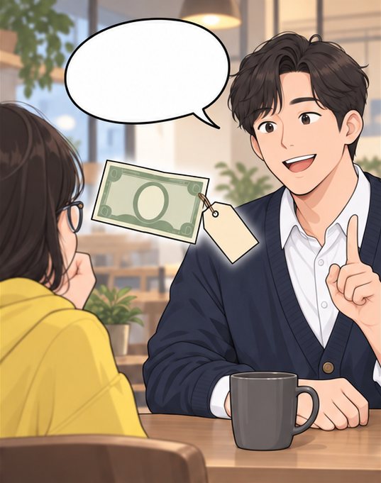 2컷. 선배가 손가락을 들고 설명하고, 옆에 가격표가 달린 지폐가 떠 있다.