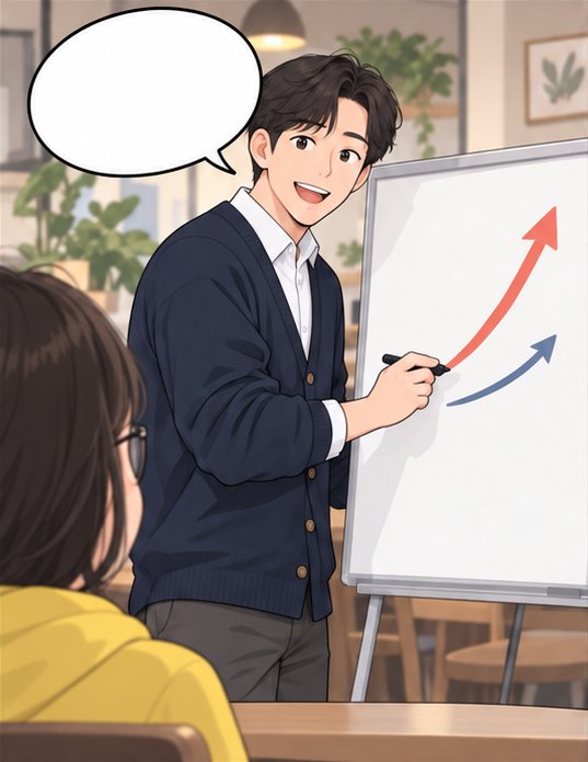 3컷. 선배가 화이트보드에 함께 올라가는 화살표 두 개를 그린다.