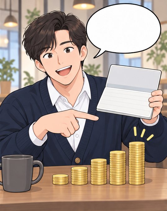 5컷. 선배가 통장을 들고, 탁자 위 동전 더미가 점점 높아진다.