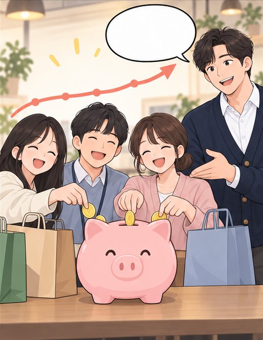 7컷. 사람들이 쇼핑백을 내려놓고 돼지저금통에 동전을 넣고, 선배가 이를 가리킨다.